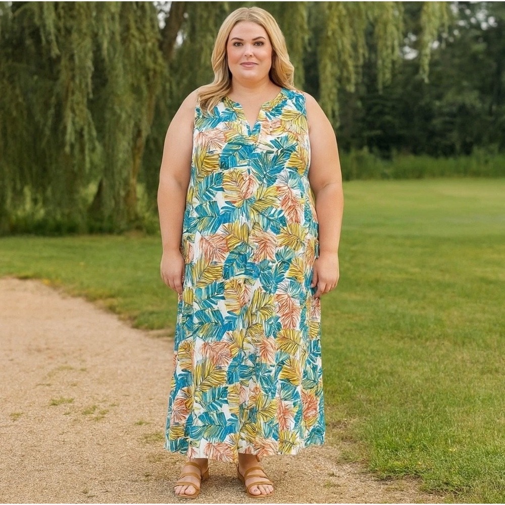 Chicos Sz 4 2XL 20 Palm Praise Notch Neck Liquid Knit Tidal Teal Maxi Dress